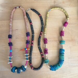 3 Vintage colorful wood necklaces - one with a bird
